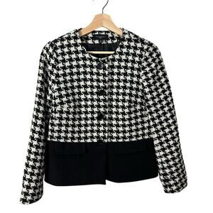 Talbots Black White Houdstooth Plaid Colorblock Wool Blazer Jacket 6P 6 Petite